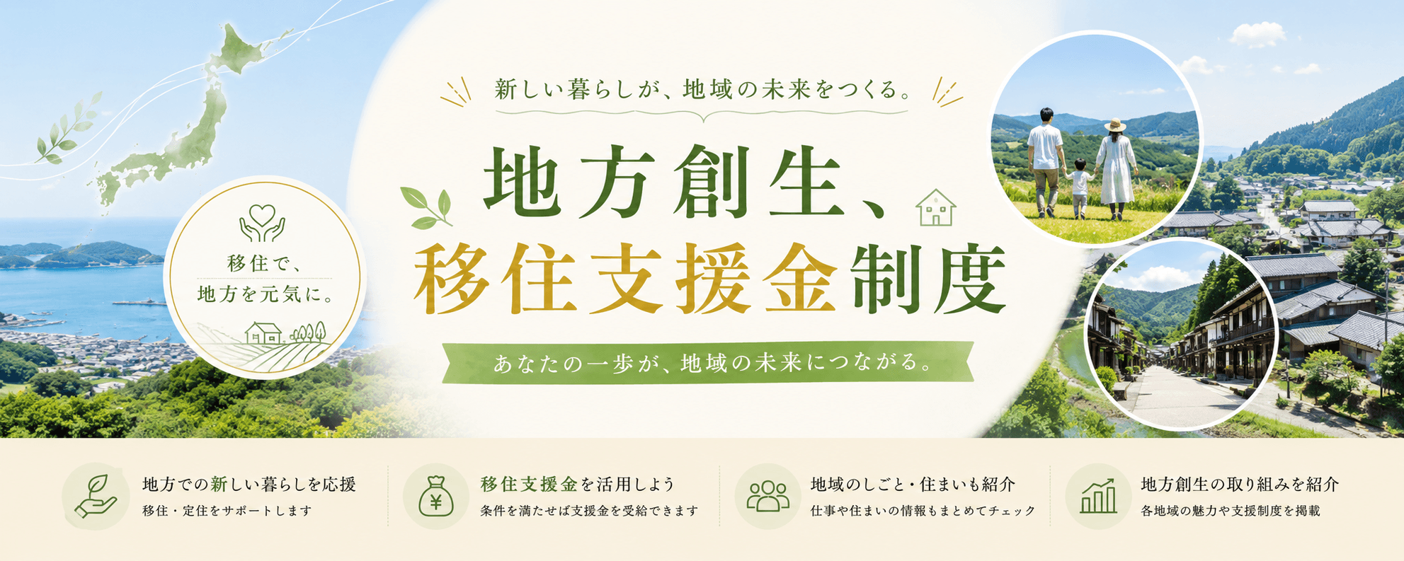 地方創生、移住支援金制度 — 新しい暮らしが、地域の未来をつくる。